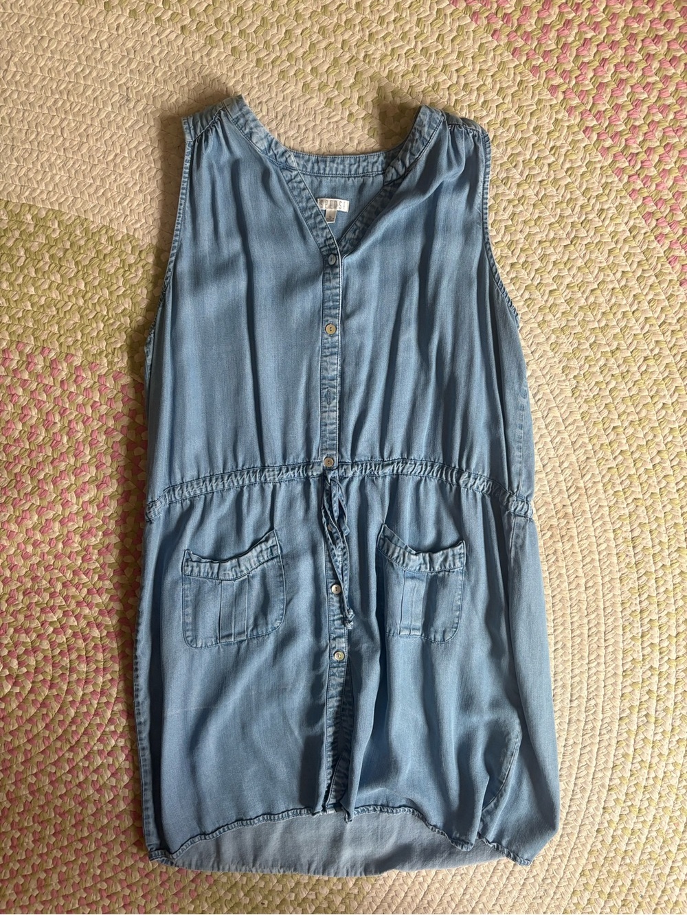 Light Blue Sleeveless Denim-Style Drawstring Dress